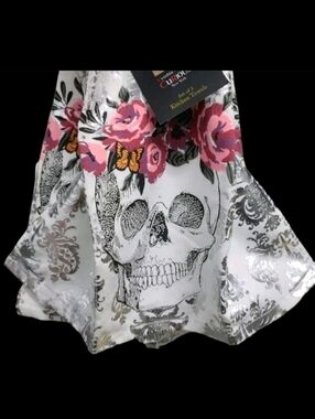 x2 Rowley Sugar Skull Butterfly Day Of Dead Halloween Metallic Kitchen Towel Set